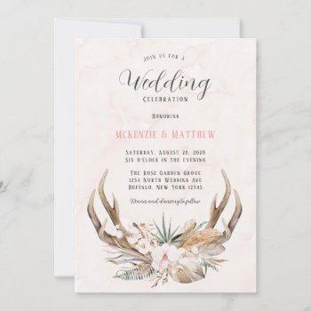 boho deer antlers and florals wedding invitation