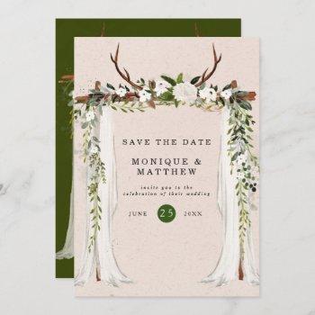 boho deer antlers white canopy save the date invitation