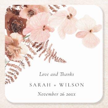Small Boho Dried Rust Blush Fern Orchid Wedding Thanks Square Paper Coaster Front View