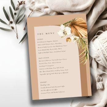 boho dry palm rust floral arch wedding menu card