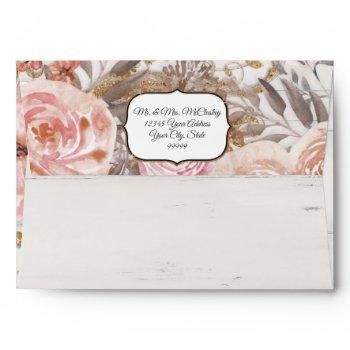 Small Boho Dusty Pink Fall Floral Rose Wood Watercolor Envelope Front View