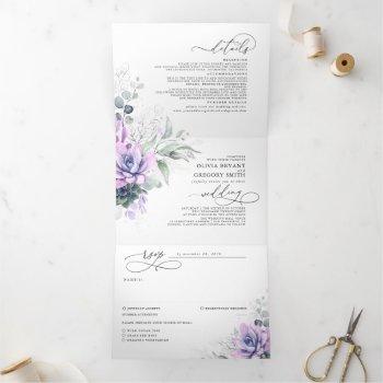 boho elegant purple succulents greenery wedding tri-fold invitation