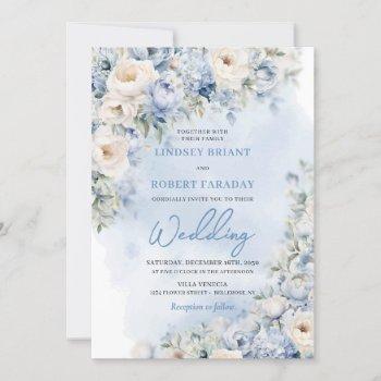 boho elegant winter dusty blue and ivory flowers  invitation