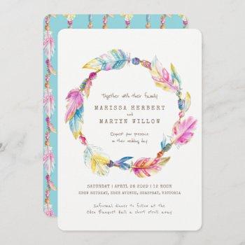 Small Boho Feather Beads Watercolor Wedding Invites Front View