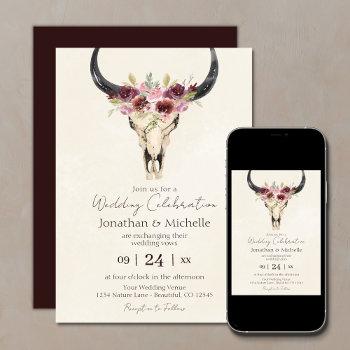 boho floral cow skull burgundy and cream wedding invitation