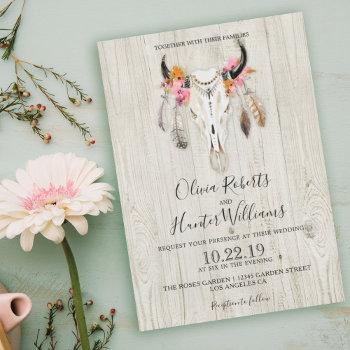 boho floral feather antlers skull wood wedding invitation