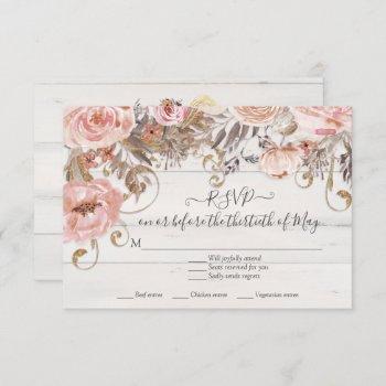 Small Boho Floral Pink Rose Rustic Wood Rsvp Response Front View