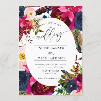 boho florals burgundy navy watercolor wedding invitation
