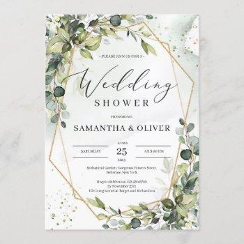 boho greenery foliage gold frame wedding shower invitation