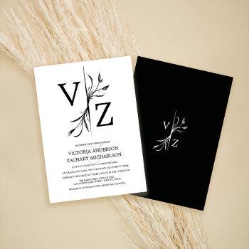 boho minimal black and white leaf monogram wedding invitation