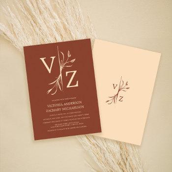 boho minimal dark terracotta leaf monogram wedding invitation