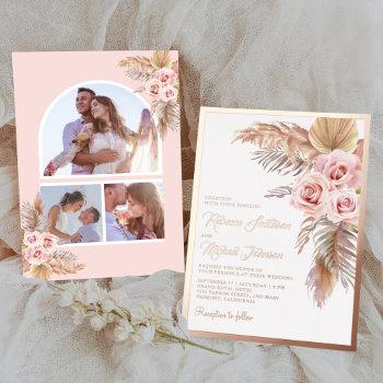 boho pampas dusty pink rose wedding gold foil invitation