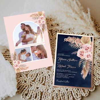 boho pampas navy blue dusty pink wedding rose gold foil invitation