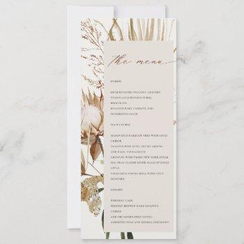 boho protea dried palm floral wedding menu card