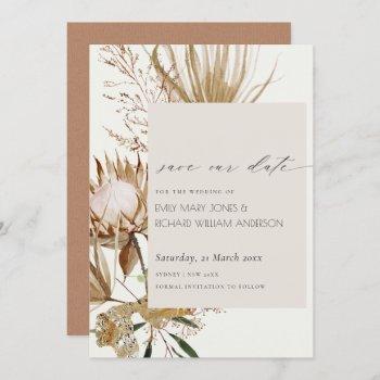 Small Boho Protea Dry Palm Floral Save The Date Front View