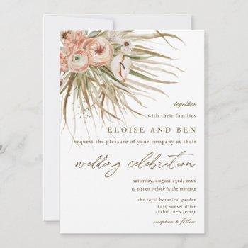 boho rustic pampas grass peach floral wedding invitation