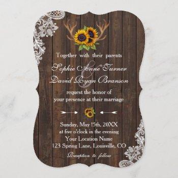 boho sunflowers antlers wood lace wedding invitation