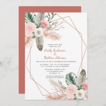 boho tropical floral feathers pampas grass invitation