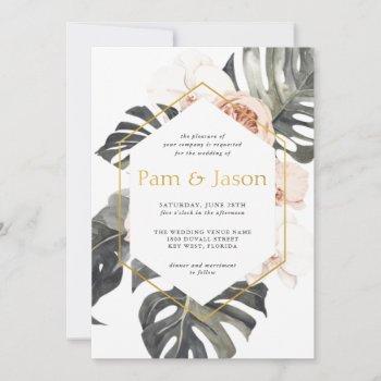 boho tropical floral with geometric frame wedding invitation