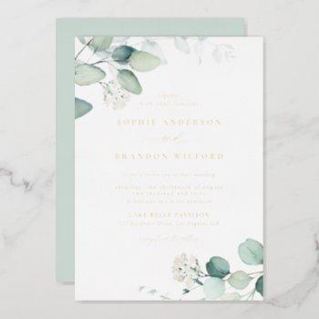 boho watercolor eucalyptus leaves greenery wedding foil invitation