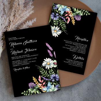 boho wildflower all in one black wedding invitation