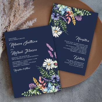 boho wildflower all in one navy blue wedding invitation