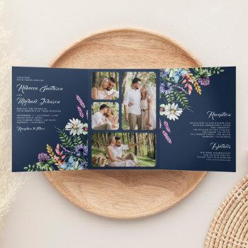 boho wildflower photo all in one navy blue wedding tri-fold invitation