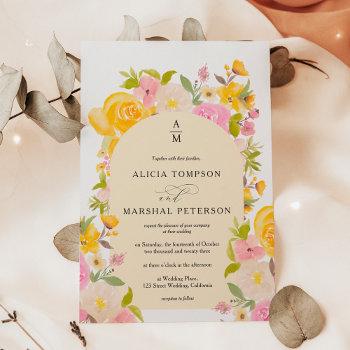 boho yellow pink floral arch chic wedding invitation