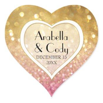Small Bokeh Movie Premier Ticket Style Gold Pink Sparkle Heart Sticker Front View