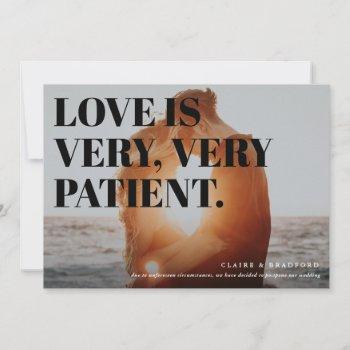bold and cheeky typographic postponed wedding announcement