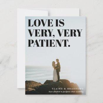 bold and cheeky typographic postponed wedding announcement