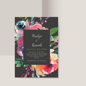 bold gray watercolor floral elegant script wedding invitation
