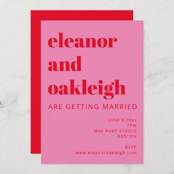 bold typography bright pink and red modern wedding invitation