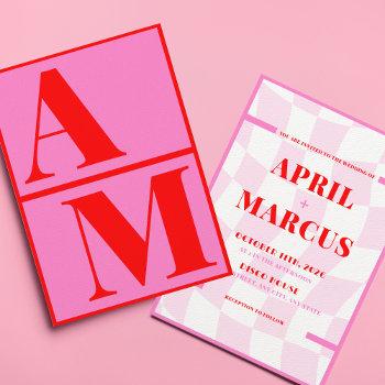 bold typography vibrant pink red monogram wedding invitation