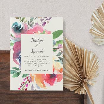 bold watercolor floral elegant script wedding invitation