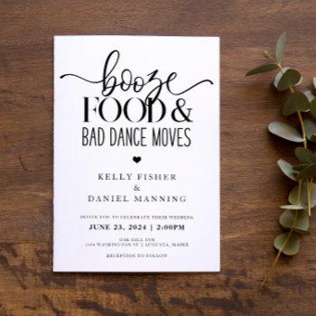 booze food and bad dance moves wedding invitation