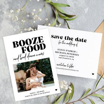 Small Booze Food Bad Dance Moves Casual Wedding Save The Date Front View