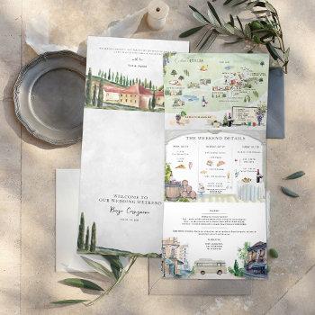 borgo corsignano | illustrated wedding tri-fold invitation