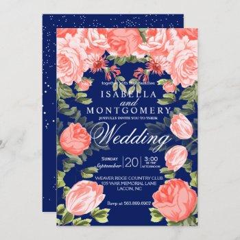 botanical dark blue and coral flower - wedding invitation