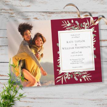 botanical greenery burgundy gold photo wedding invitation