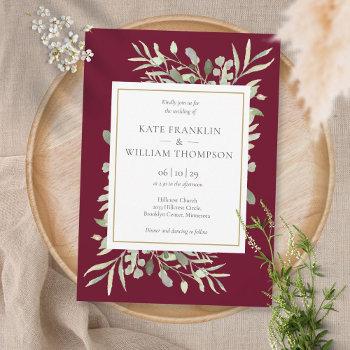 botanical greenery burgundy wedding all in one invitation