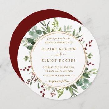 botanical greenery christmas gold wedding circle invitation