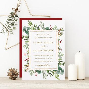 botanical greenery christmas holiday gold wedding invitation