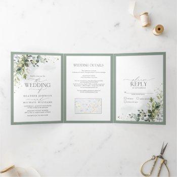 botanical greenery floral watercolor wedding tri-fold invitation