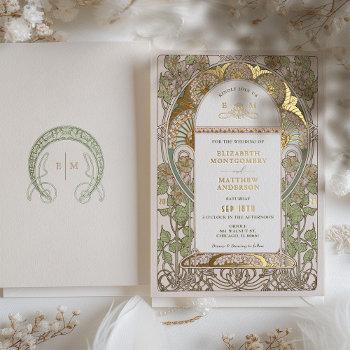 bougainvillea green gold wedding art nouveau mucha foil invitation