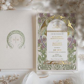 bougainvillea lilac gold wedding art nouveau mucha foil invitation
