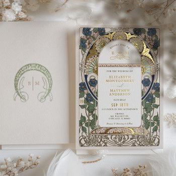 bougainvillea navy blue gold wedding art nouveau foil invitation
