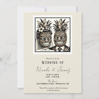 bride and groom aloha pineapple tiki head wedding  invitation