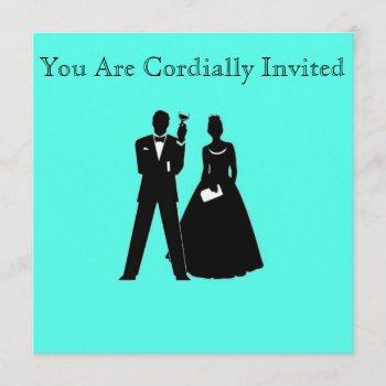 bride & groom silhouettes on blue invitation