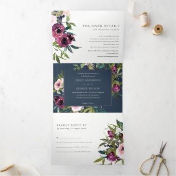 Small Bright Blush Burgundy Navy Floral Bunch Wedding Tri-fold Front View